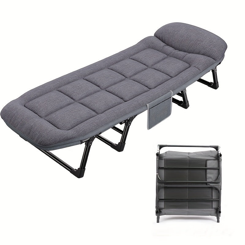 Yostiqli portativ egiluvchan lager karavoti, orqani yotqizuvchi stul, quyma temir ramka, paxta to'siqlari. O'rnatish talab qilinmaydi, uyda, ofisda, plyajda, bog'da yoki baliq ovlash sayohatlarida mukammal.