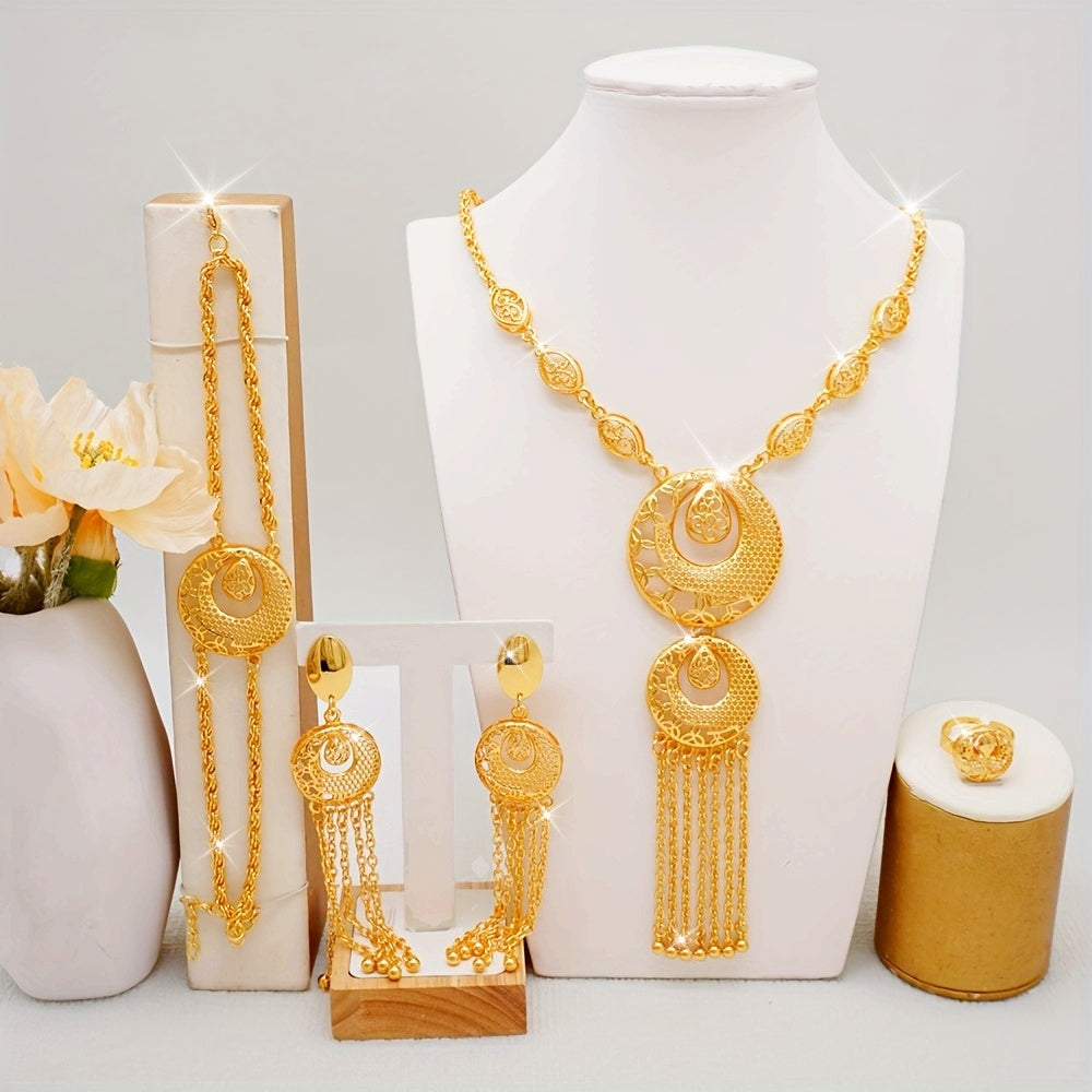 Elegant Gold Plated Jewelry Set with Tassel Necklace Earrings Bracelet Ring for Weddings