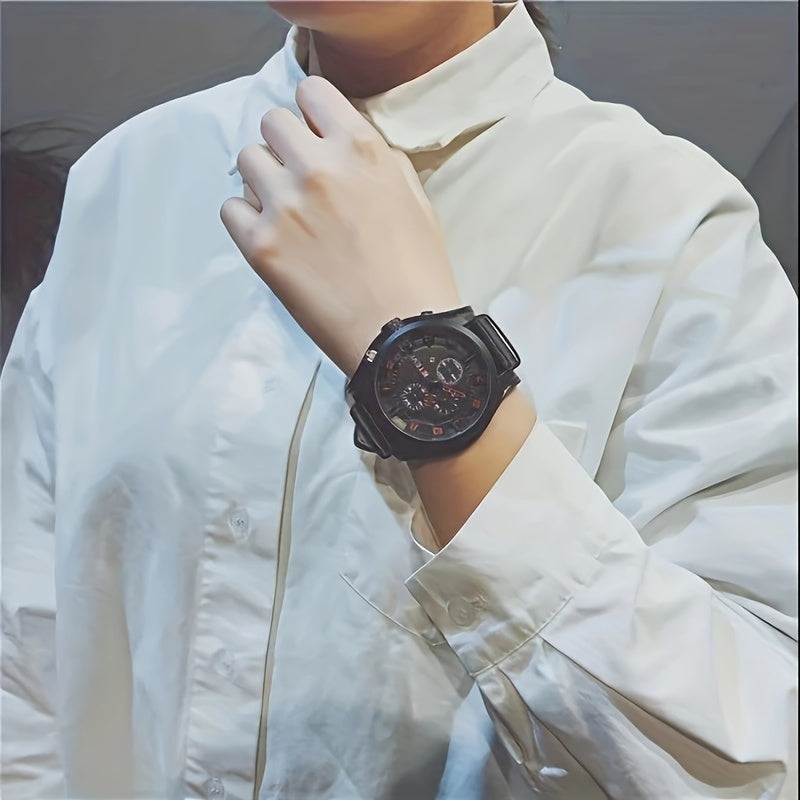 Men's Sports Watch with Large Dial, Calendar, Quartz Movement, PU Leather Strap