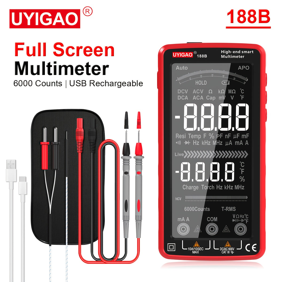 Digital Multimeter TRMS 6000 Counts Auto-Ranging AC/DC Voltage Current Resistance