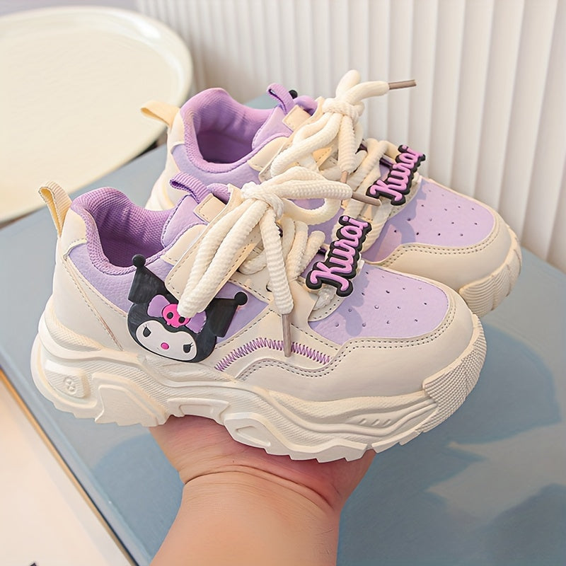 Girls' Pink and White Cartoon Sneakers with Easy-On Closure for Casual Outdoor Wear