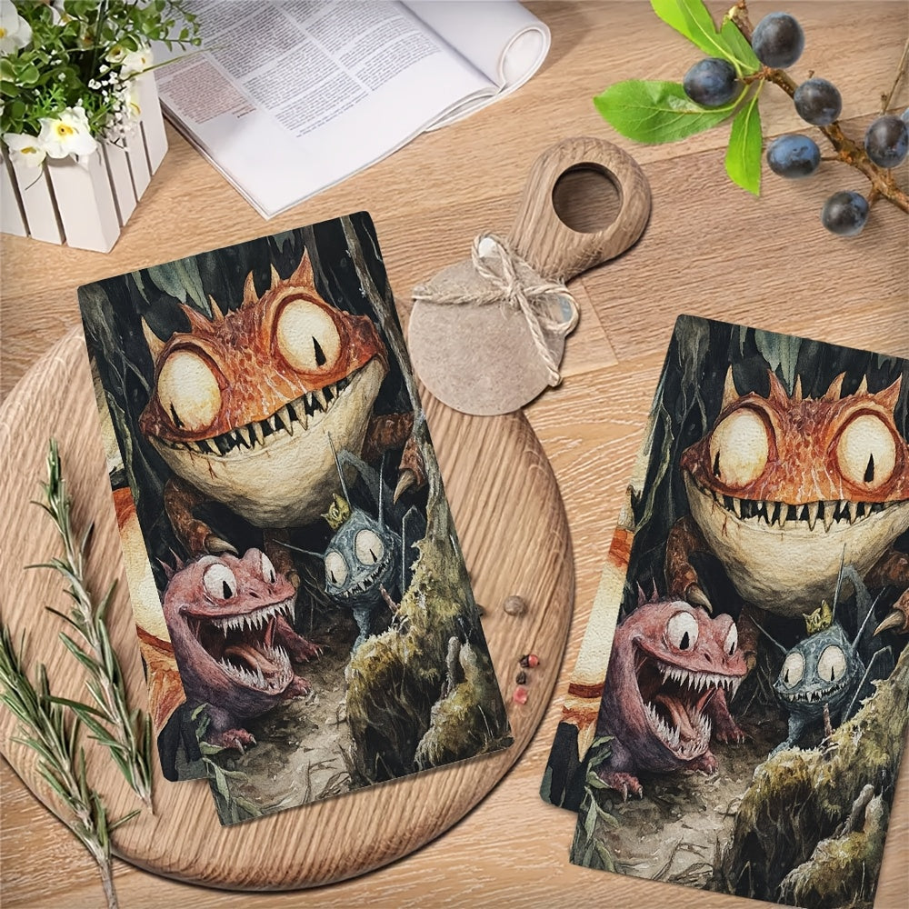 Dunyo bo'ylab Cryptid Creatures dizayni bilan bezatilgan ikki dona juda shinam oshxona sochiqlari. Bu juda yaxshi oson yuviladigan va yuqori singdiruvchi idish sochiqlari 40.64x60.96 sm o'lchamda bo'lib, oshxona ta'til bezaklari uchun mukammal. Bu