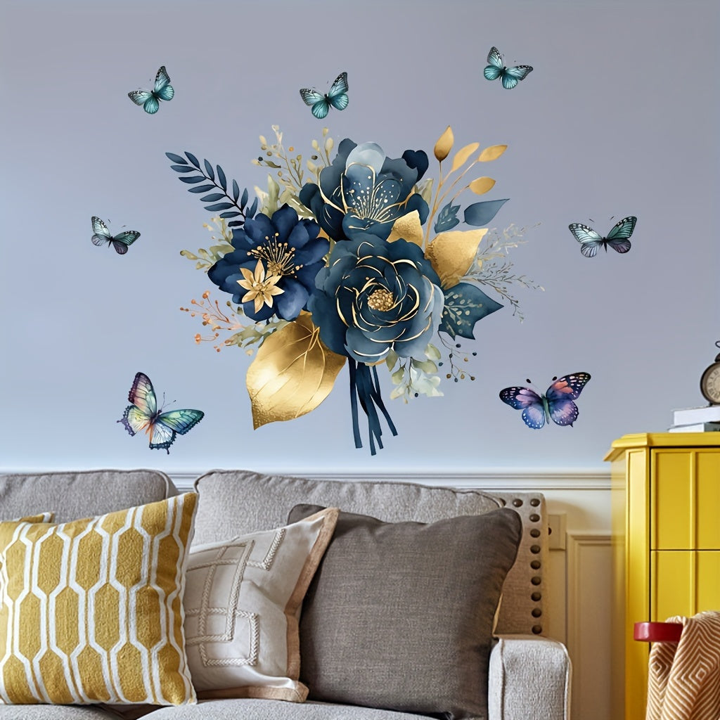Blue Flower Butterfly Wall Sticker Removable PVC Decor for Kitchen Walls