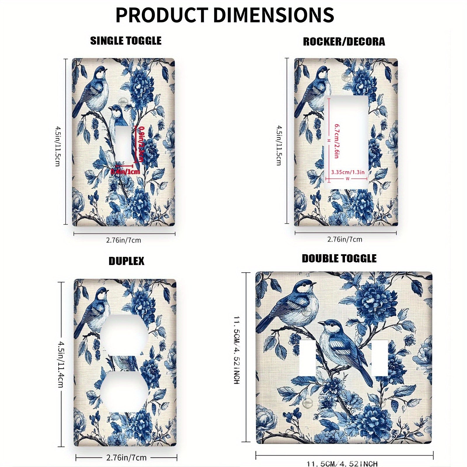 Blue Birds and Floral Wall Plate Cover for Teen Room Bedroom Bathroom Playroom