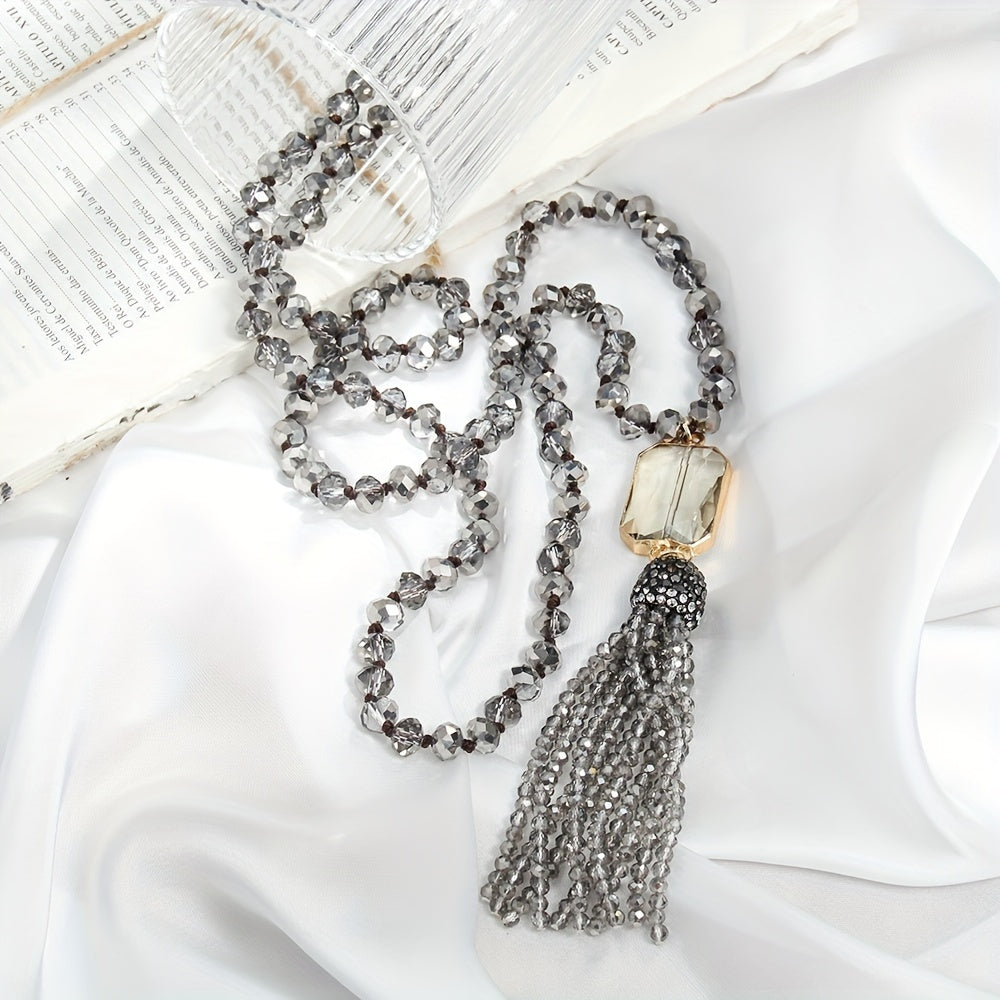 Boho Chic Glass Bead Necklace with Tassel for Women Spring Knotted Design