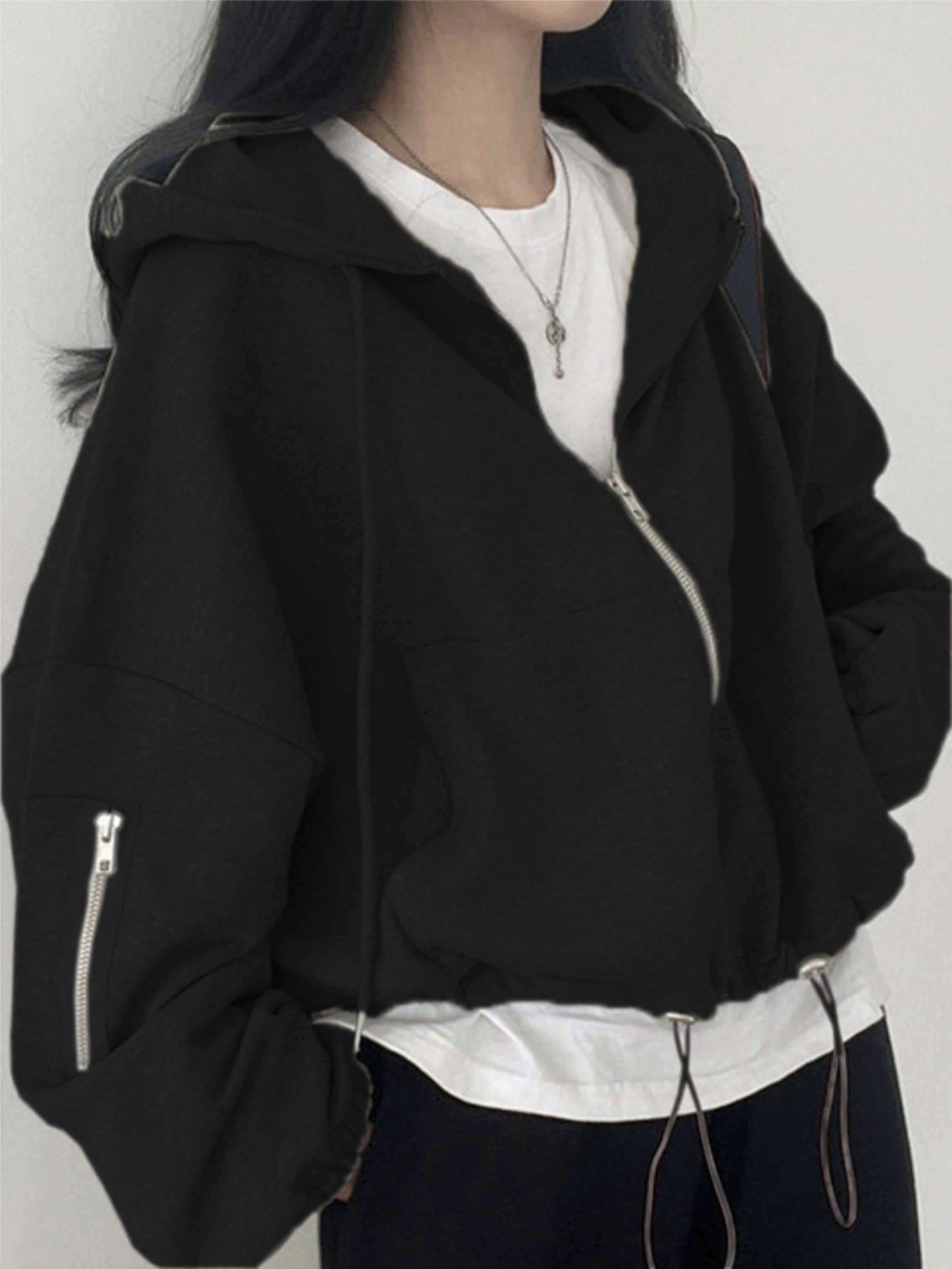 Women's Black Cropped Hoodie Jacket with Zip-Up Closure and Side Pockets