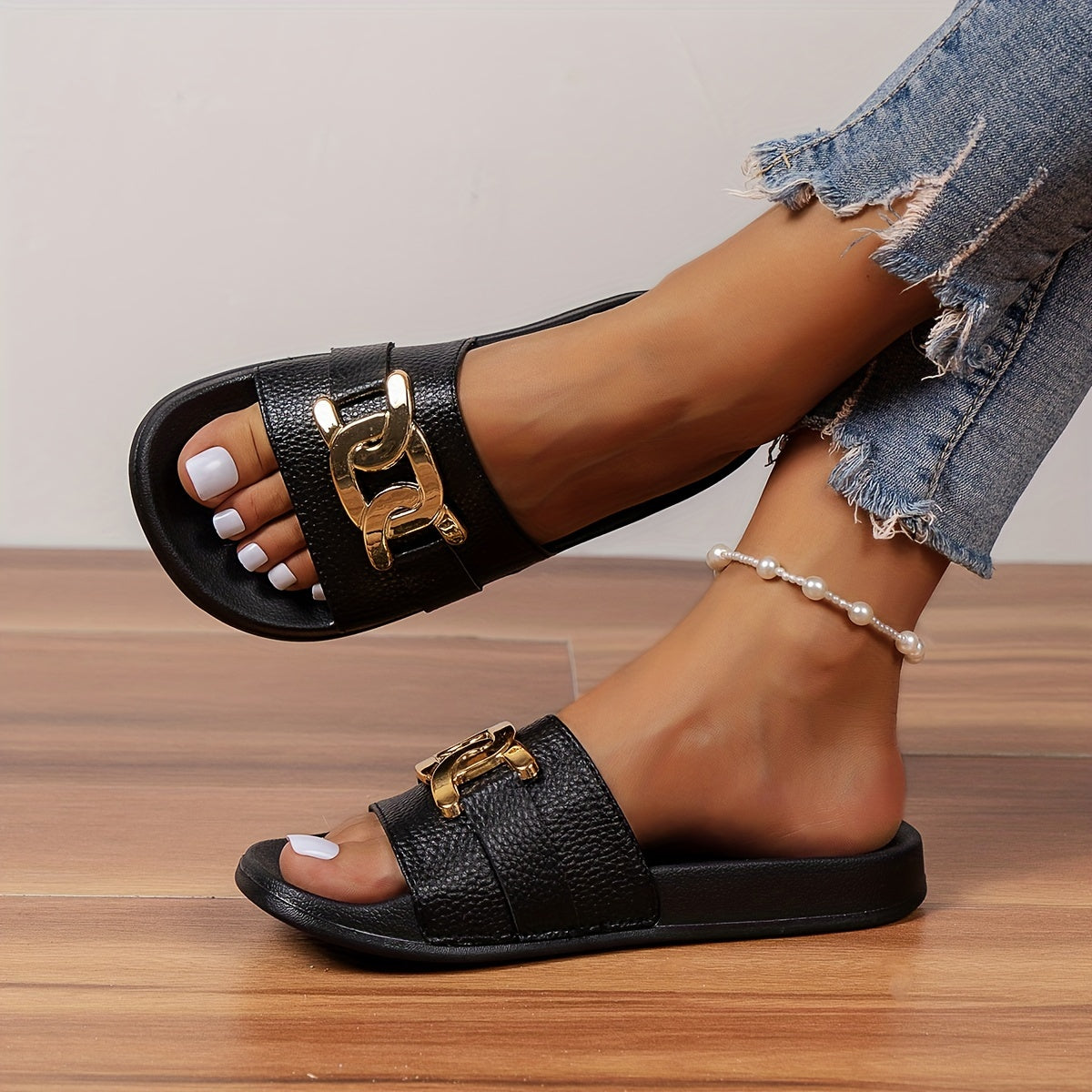 Ayollar uchun qora slayd sandalki, oltin tokchali Eva taglik, kundalik ochiq barmoqli dizayn