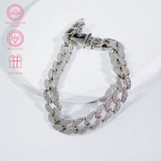 Moissanite Cuban Link Bracelet Sterling Silver Leaf Design for Women