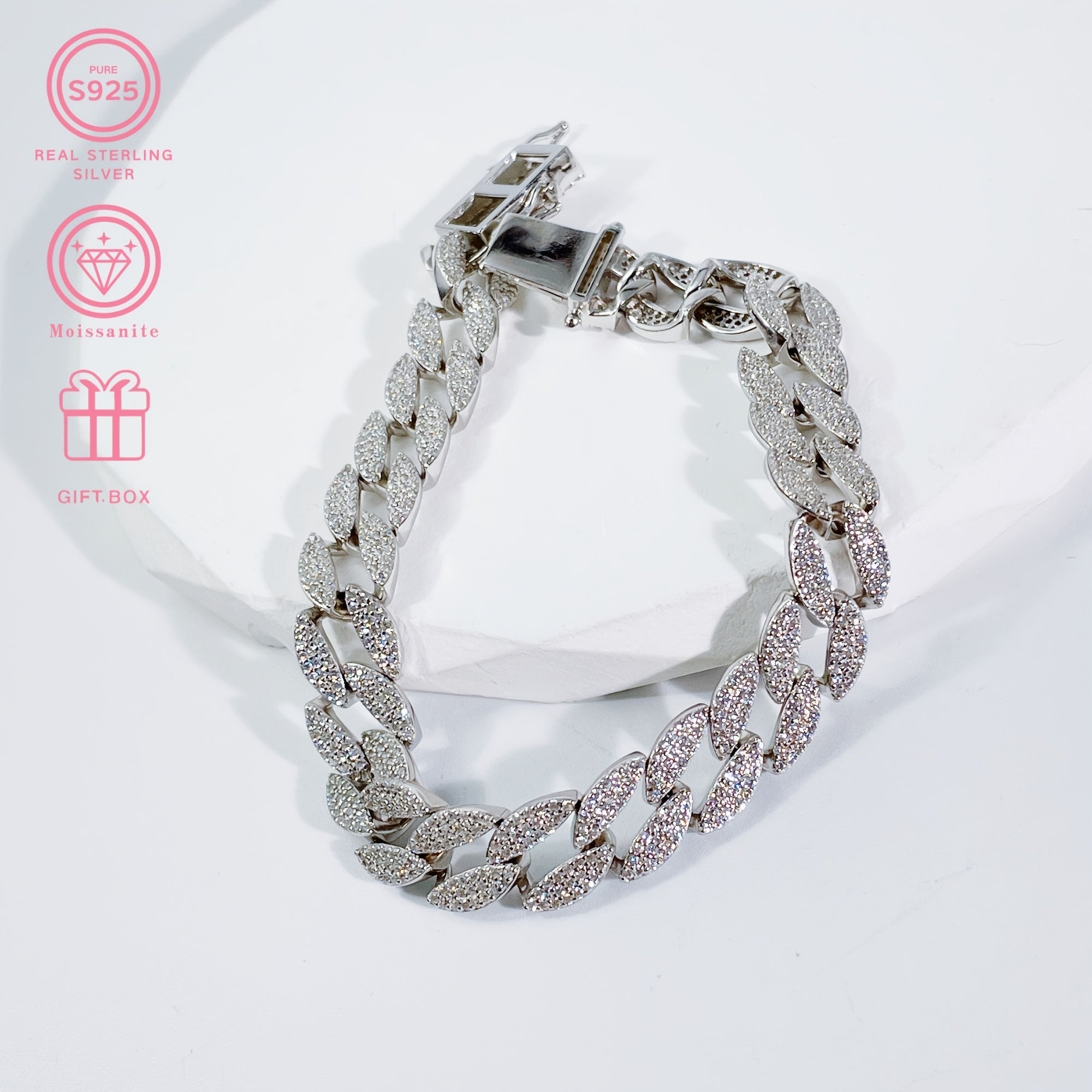 Moissanite Cuban Link Bracelet Sterling Silver Leaf Design for Women