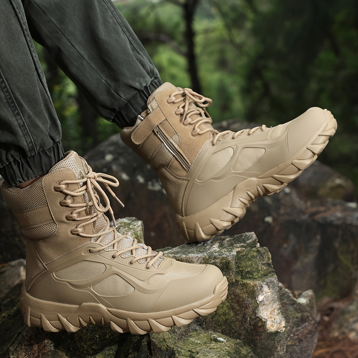 Men's Tactical High-Top Boots Lightweight All-Season Sports Zipper Lace Closure