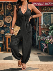 Women's Plus Size V-Neck Jumpsuit with Pockets Elastic Waist Wide Legs