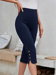 Women's Slim Fit Capri Leggings with Button Accents High Waist Split Hem Summer