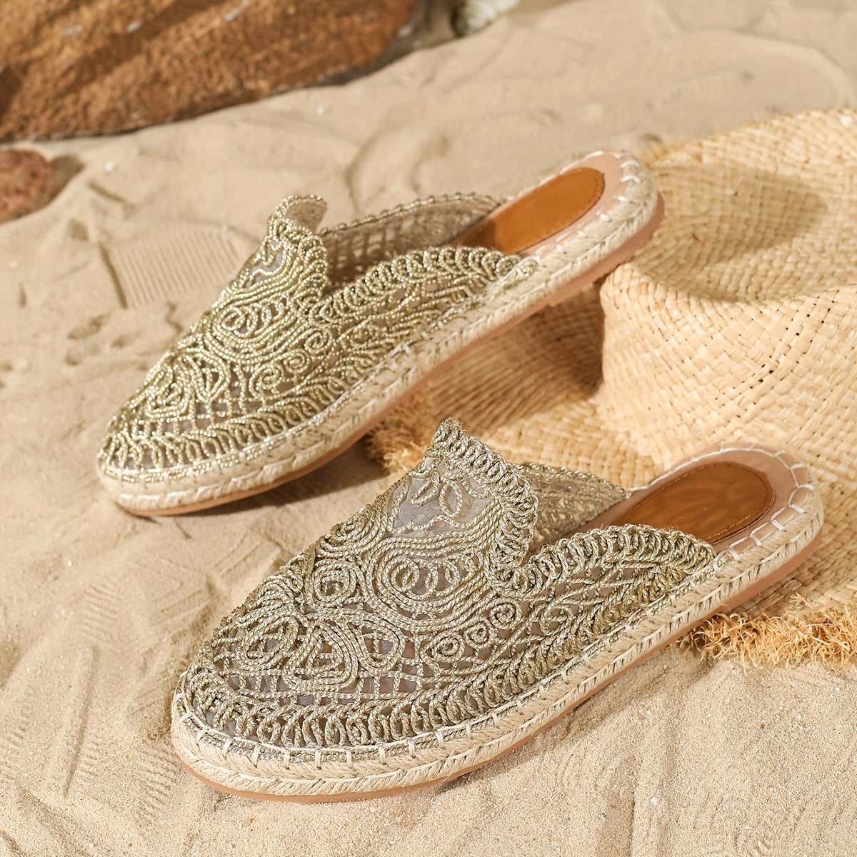 Women Summer Woven Rope Flat Sandals Hollowed-Out Beach Shoes