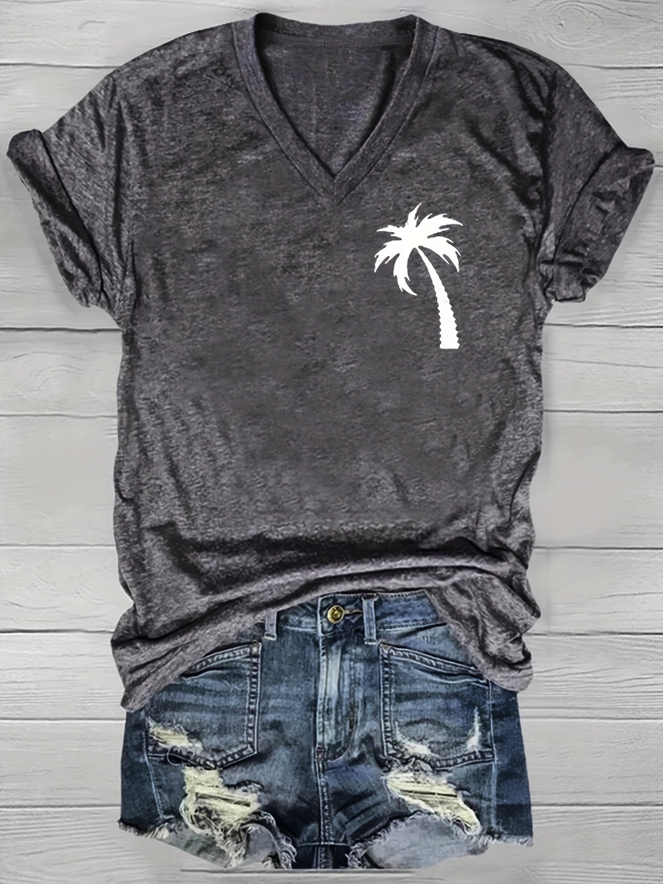 Women's V-Neck Cotton Short Sleeve T-Shirt Black Summer Beachwear