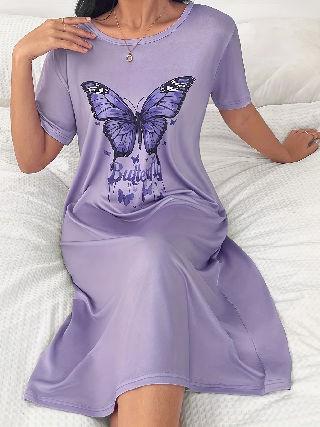 Plus Size Lavender Butterfly Print Sleep Dress Short Sleeve Lounge Nightwear