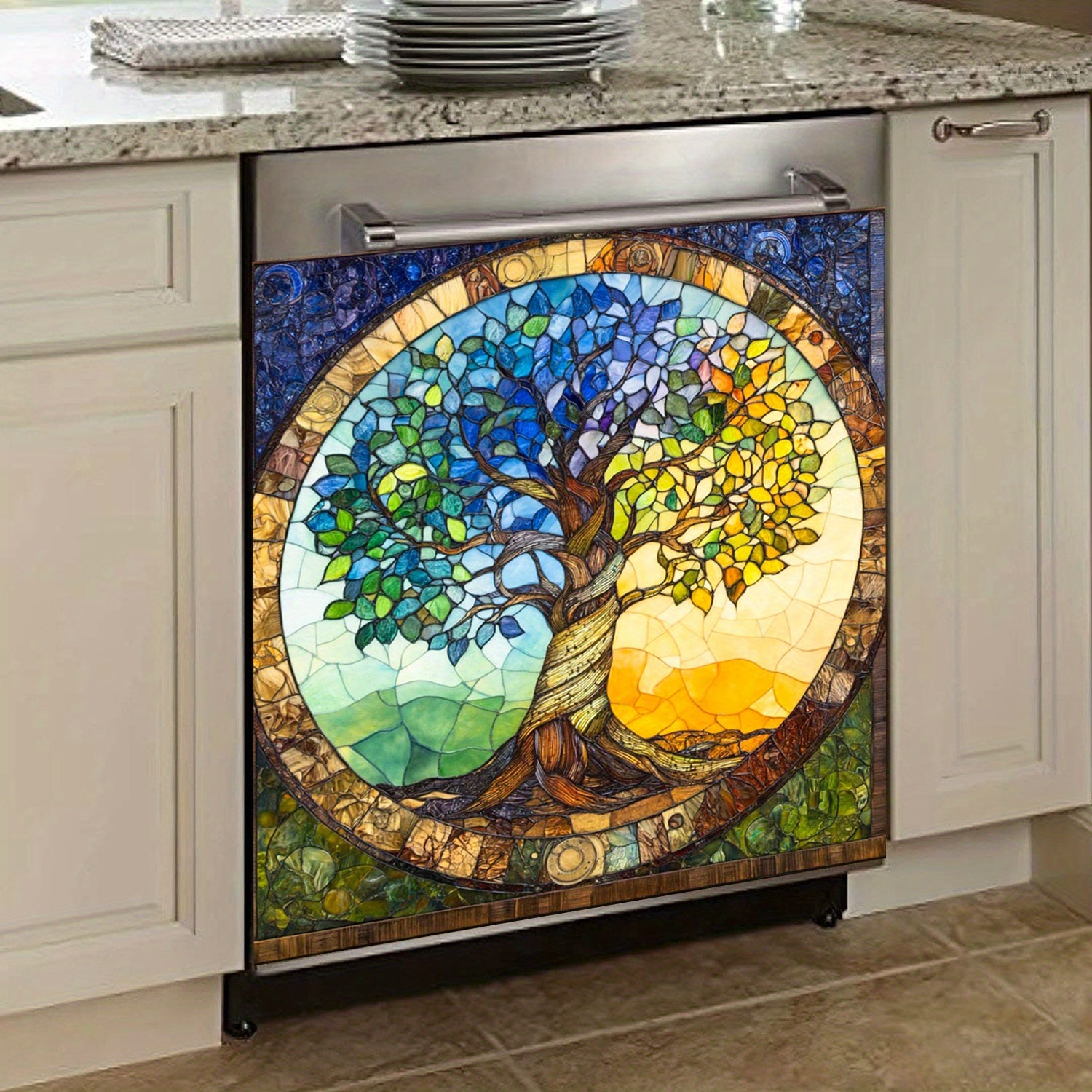 Mustahkam PVC idish-tovoq magnit bilan jonli mozaika Hayot daraxti dizayni, suv o'tkazmaydigan, issiqlikka chidamli, oson tozalash