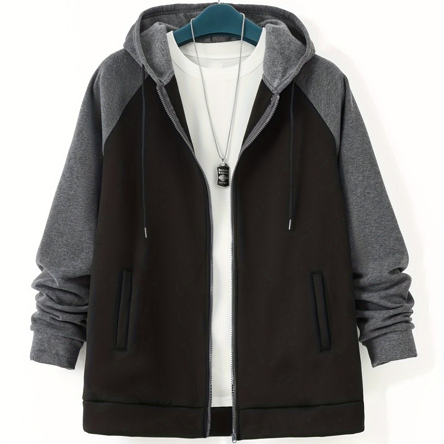 Men's Plus Size Color Block Full Zip Hoodie with Drawstring Long Sleeves