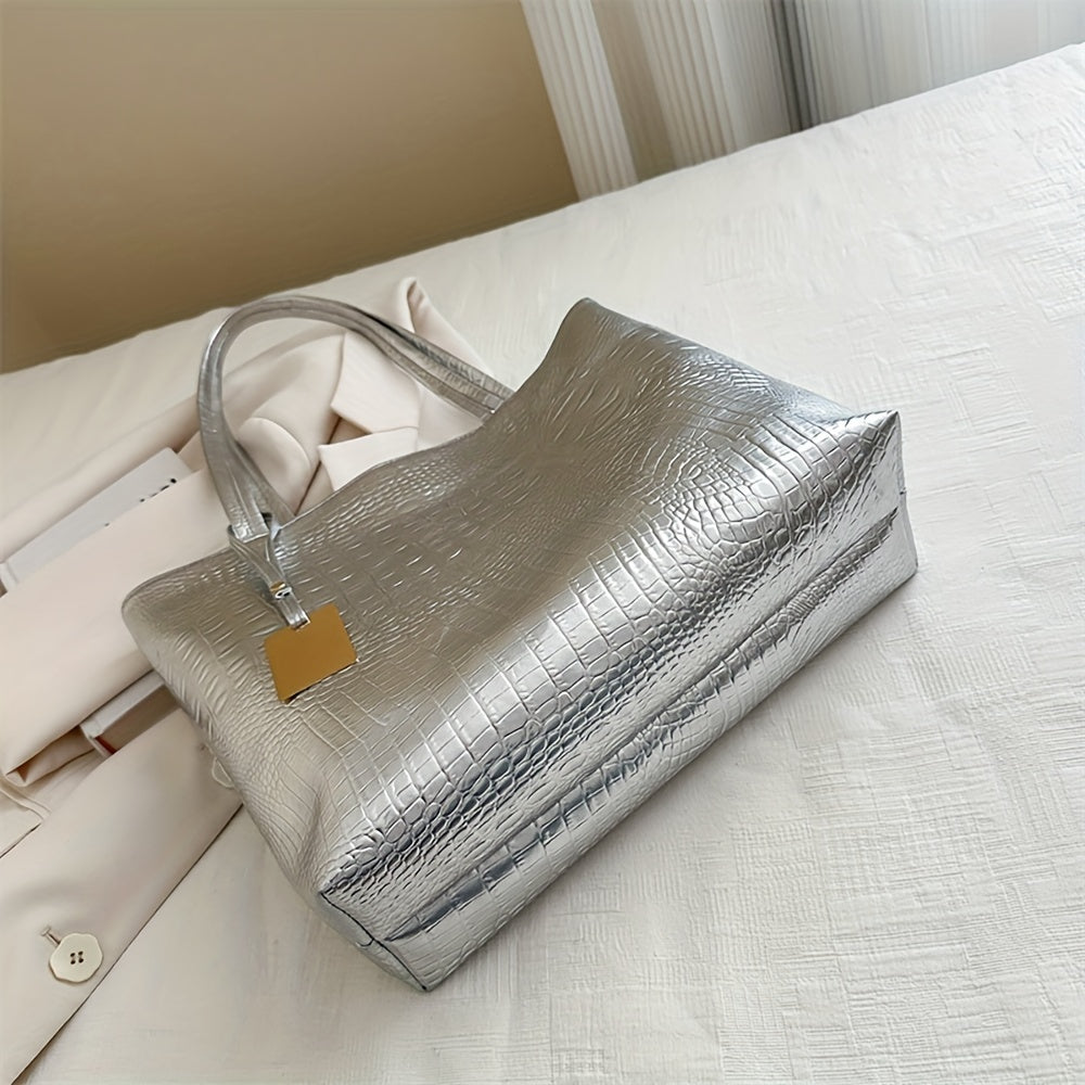 Yengil, biznes tasodifiy to'plov, katta sig'imga ega. PU materialidan tayyorlangan ikki tutqichli yelka sumkasi, krokodil naqshli tafsilotlarga ega, ish va safar uchun ideal.