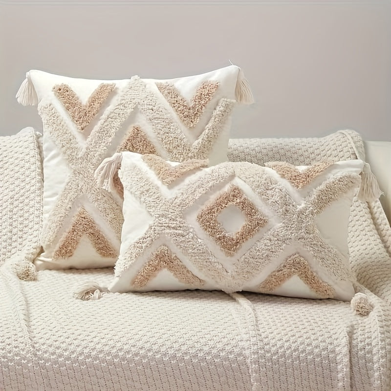 Beige Tufted Pillow Cover with Tassels and Geometric Pattern for Couch or Bed