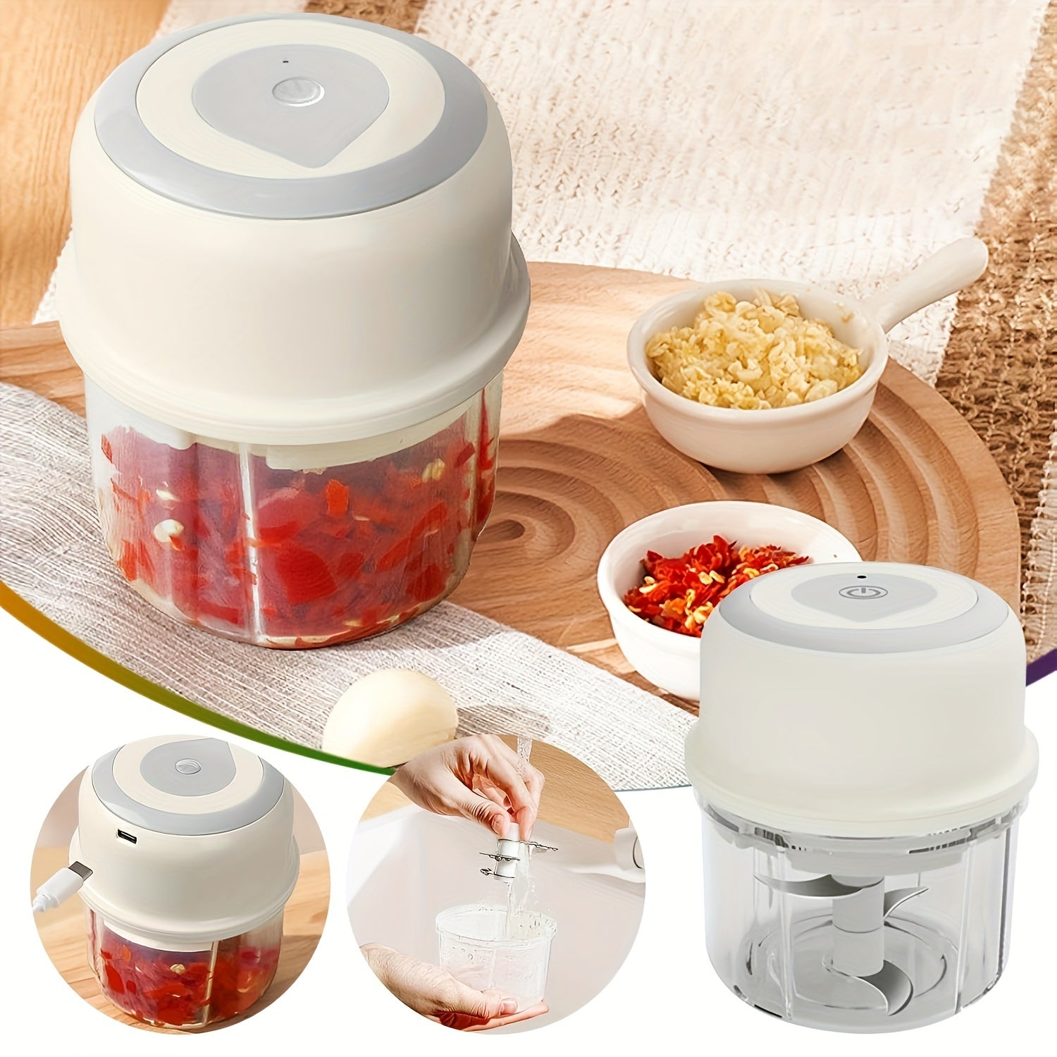 Elektrik Sabzavot va Meva maydalagich 250ml USB Qayta to'ldiriladigan Shaffof Kamerali Oq