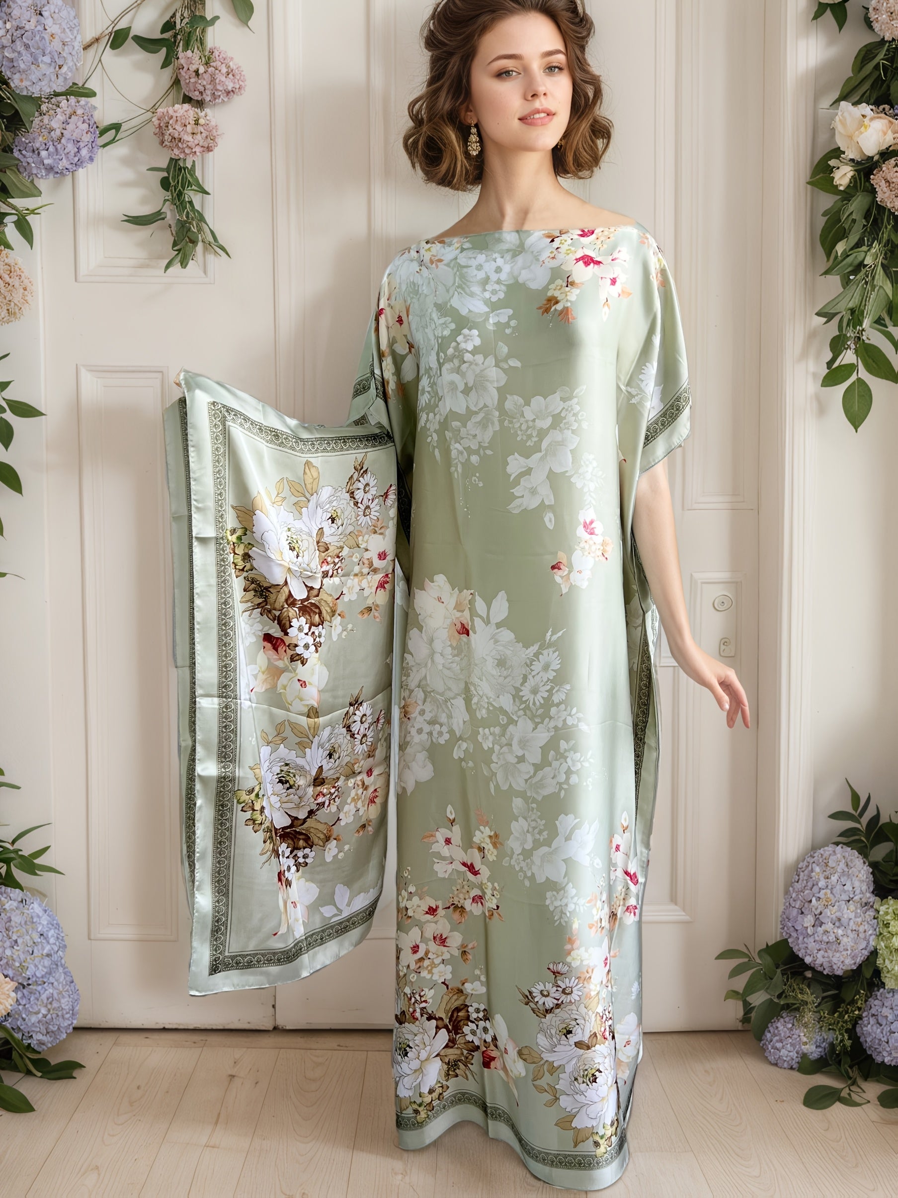 Plus Size Women's Maxi Dress Turkish Kaftan Floral Print Batwing Sleeve Casual Party Wedding