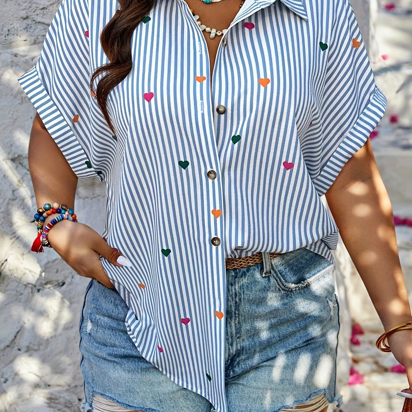Plus Size Women's Striped Blouse with Heart Print Casual Summer Shirt