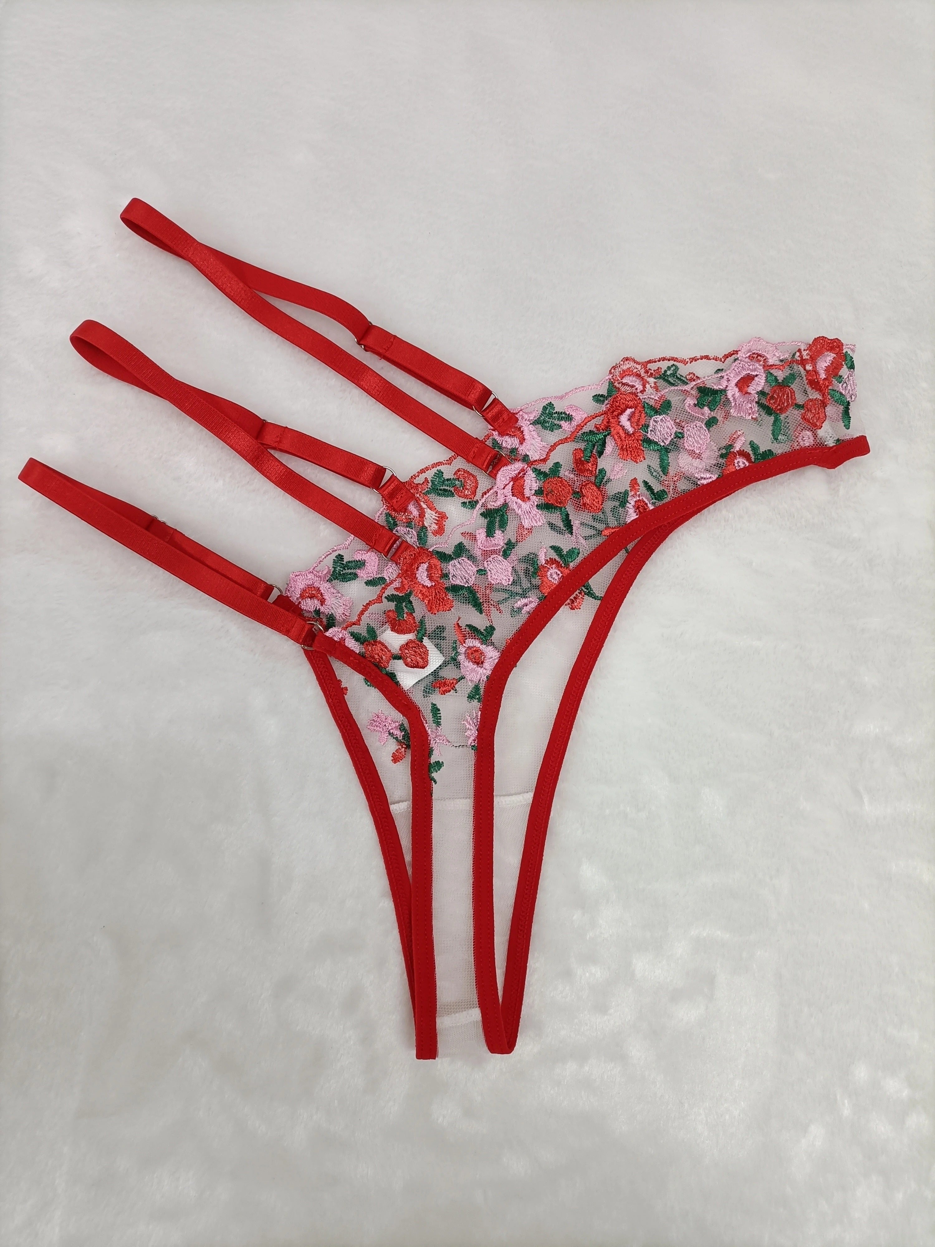 Jozibali dantelli thong ichki kiyim, shaffof to'r va tikuvli tafsilotlar bilan, kattalar uchun intim kiyim uchun 95% polyester va 5% elastan to'qilgan matodan tayyorlangan.