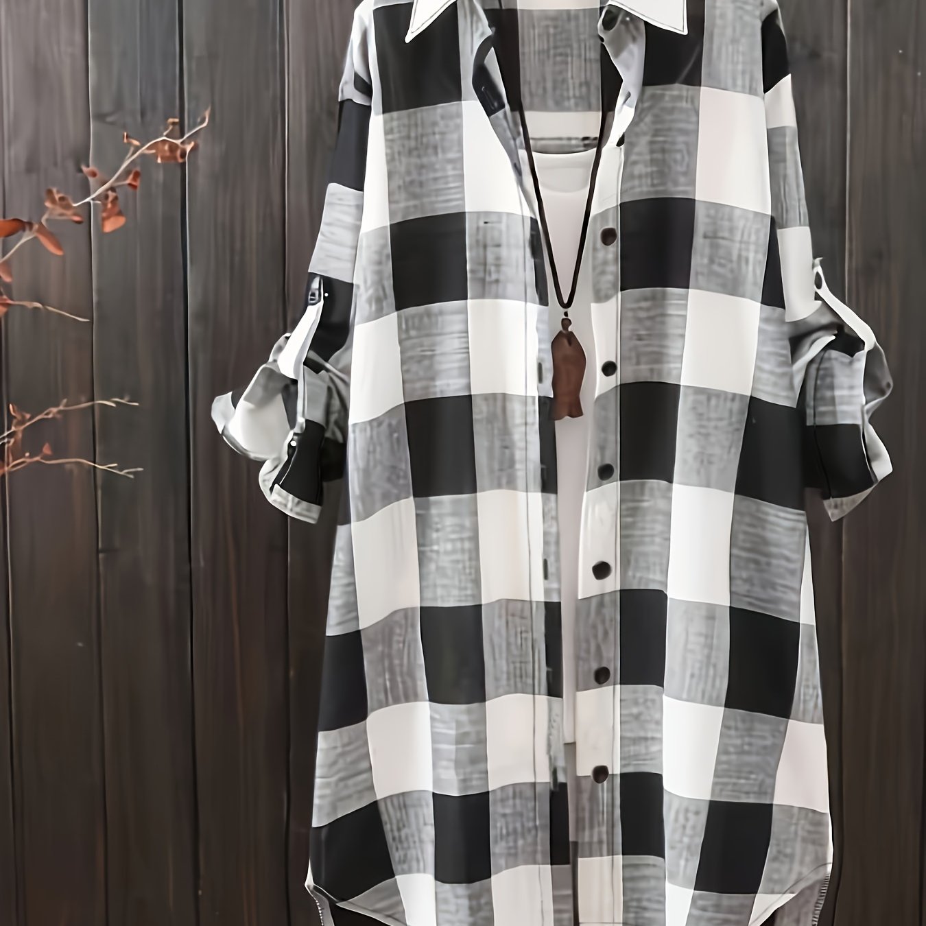 Plus Size Women's Casual Checkered Shirt Longline Button-Up Navy White Grid