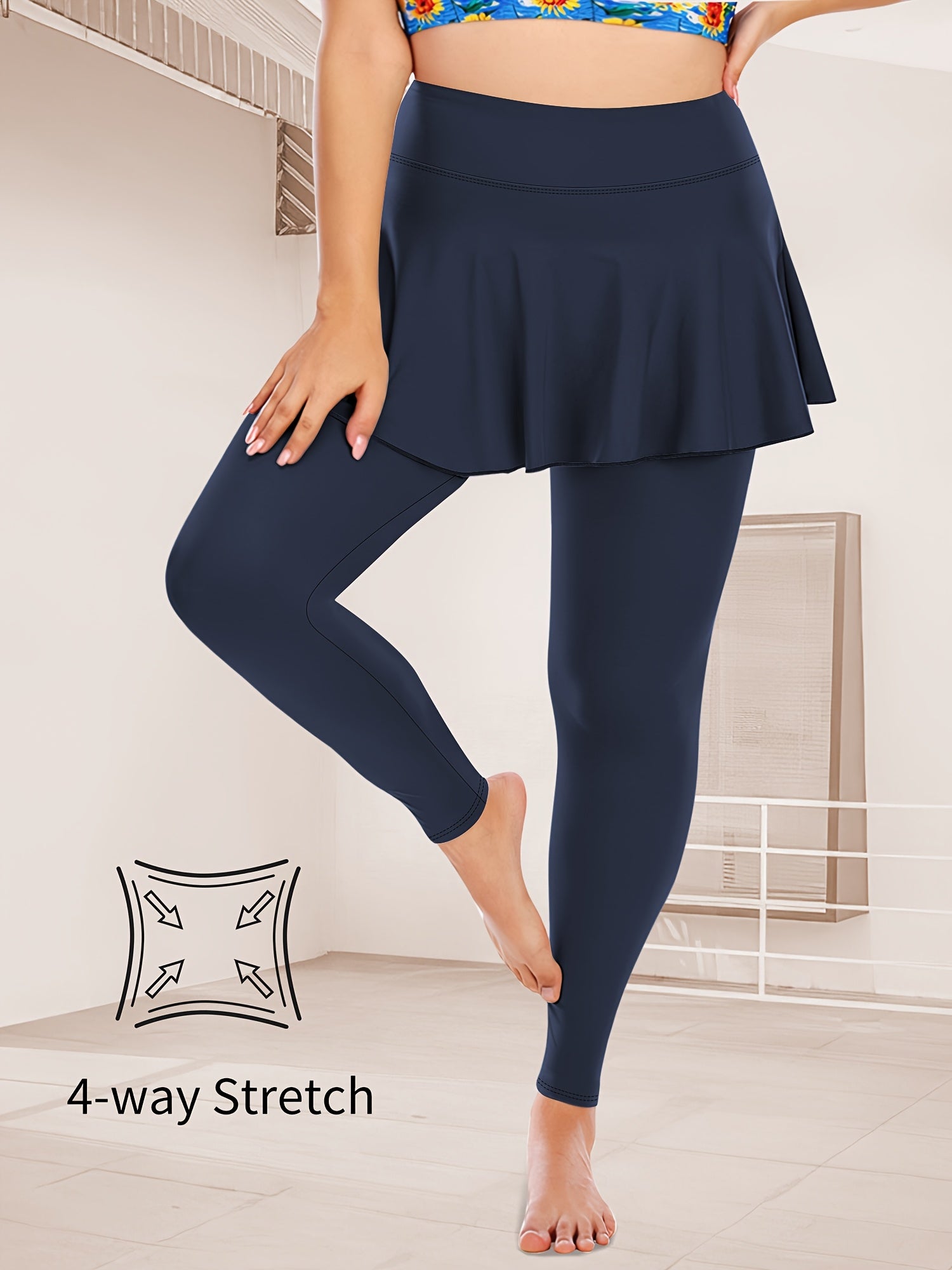 Plus o'lchamli yuqori belli legginslar, 9-teshikli dizayni bilan, ayollar uchun, bir rangda