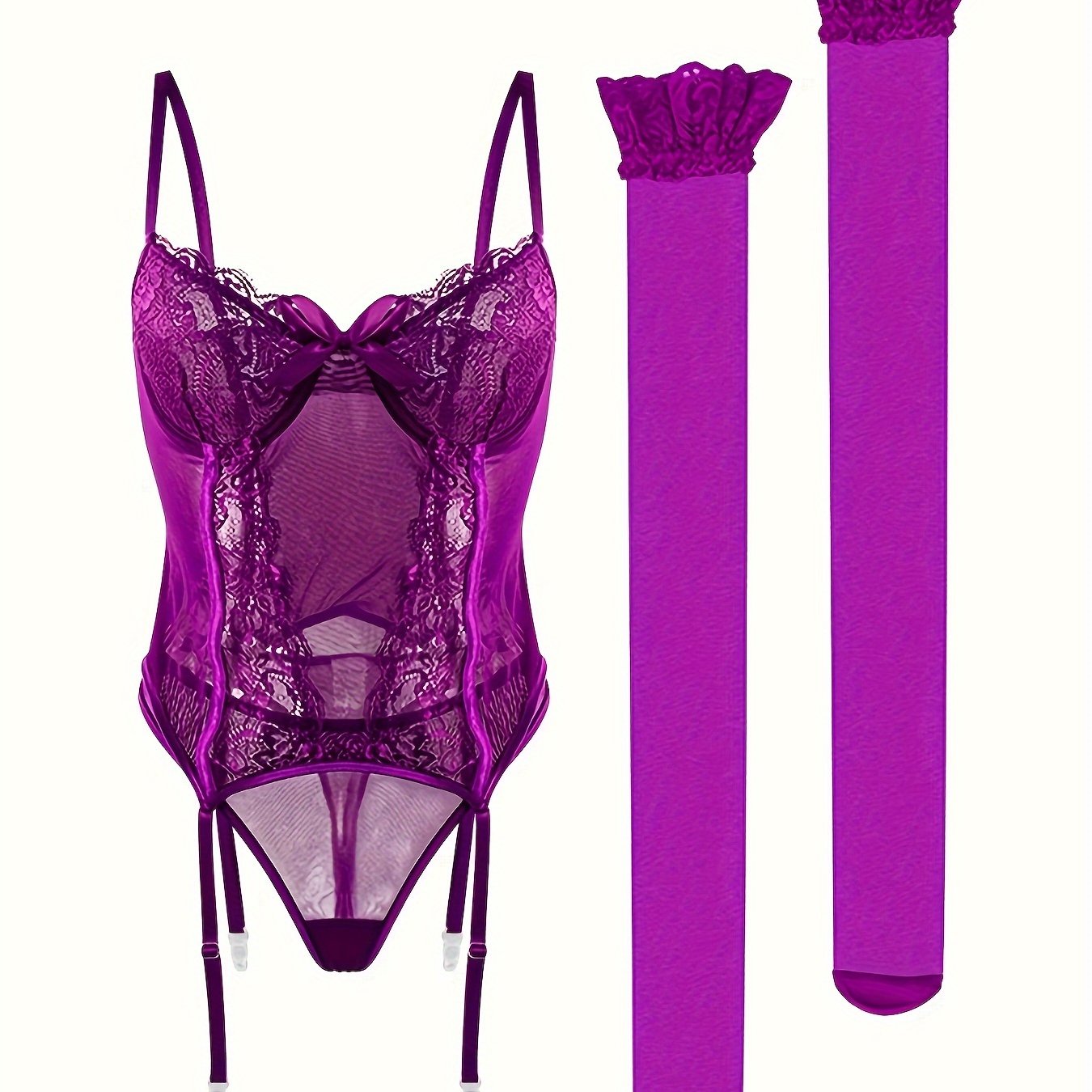 Binafsha ipli ichki kiyim to'plami: gullar bilan bezatilgan shaffof to'rli yuqori bel pantyhoselarni o'z ichiga oladi. Bayramga tayyor, jozibali ichki kiyim, katta o'lchamlarda.