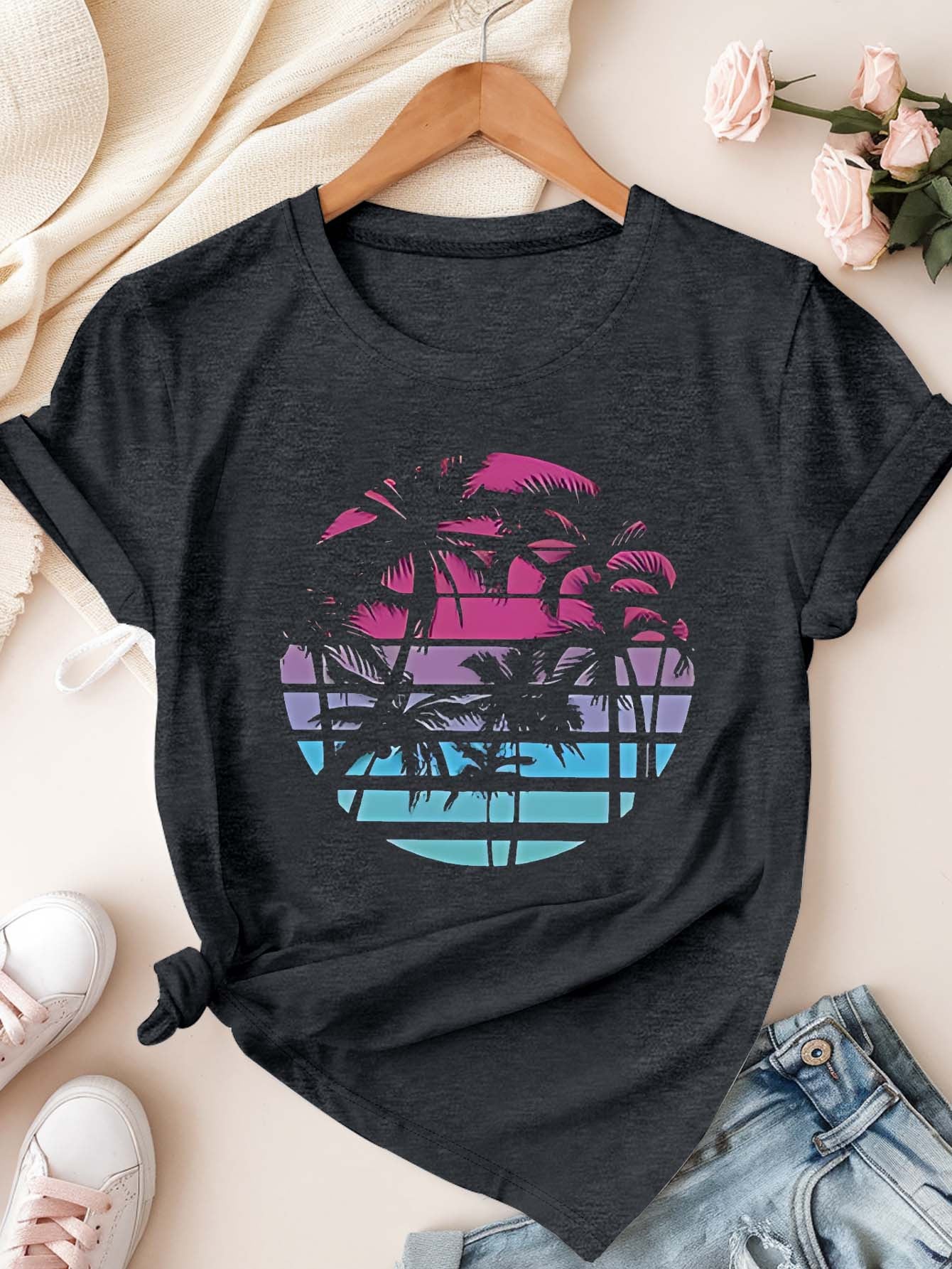 Women's Plus Size Casual T-Shirt Tropical Palm Sunset Print Short Sleeve Dark Green