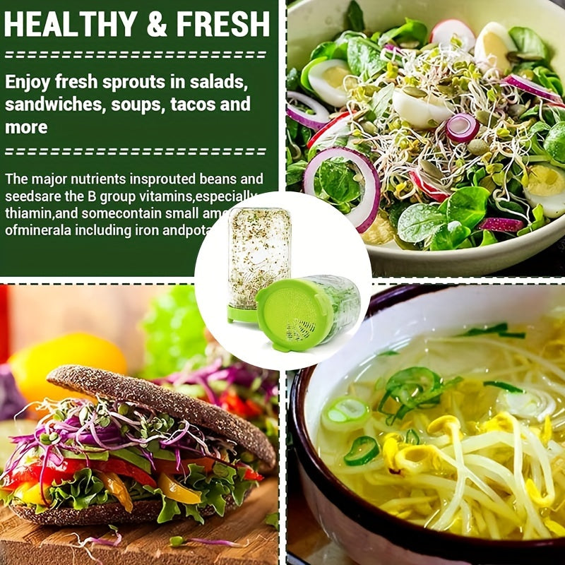 86mm keng og'zli mason idishlari uchun mo'ljallangan ikkita plastik o'sish qopqog'i. Konserva idishlari uchun 2 ta filtr qopqog'ini o'z ichiga oladi. Brokkoli urug'lari, loviya o'simliklari, alfalfalar va salat o'simliklarini o'stirish uchun ideal.