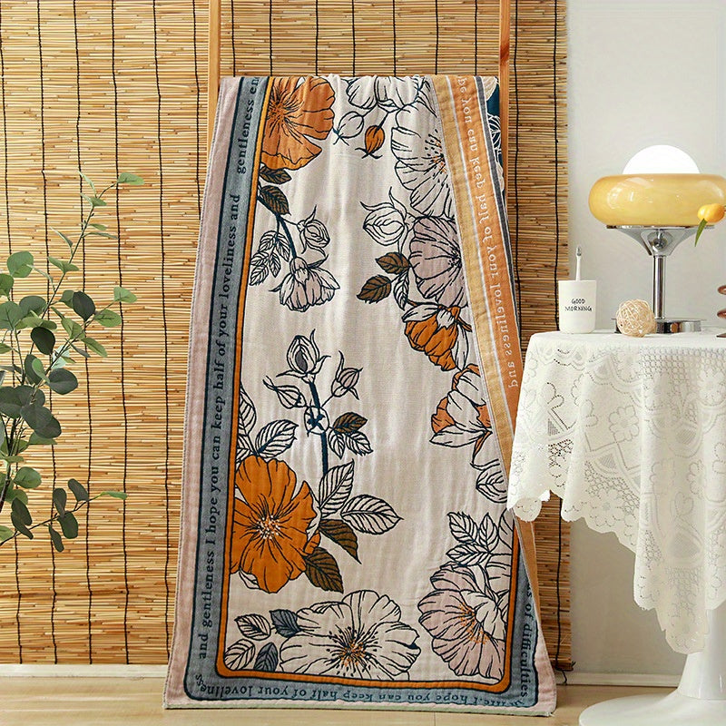 Cotton Gauze Bath Towel with Floral Pattern Soft Absorbent Machine Washable