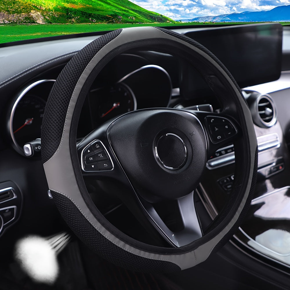 Universal Leather Steering Wheel Cover Breathable 3D Mesh Red Black 36-38cm