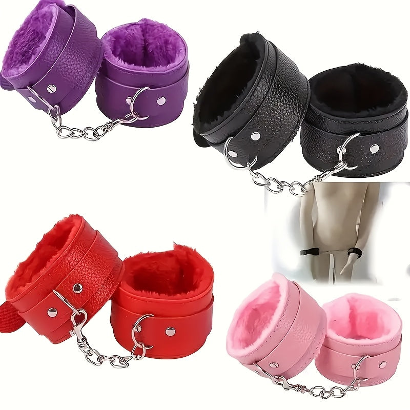 Adult Unisex PVC Leather Plush Handcuffs Adjustable Chain Restraint