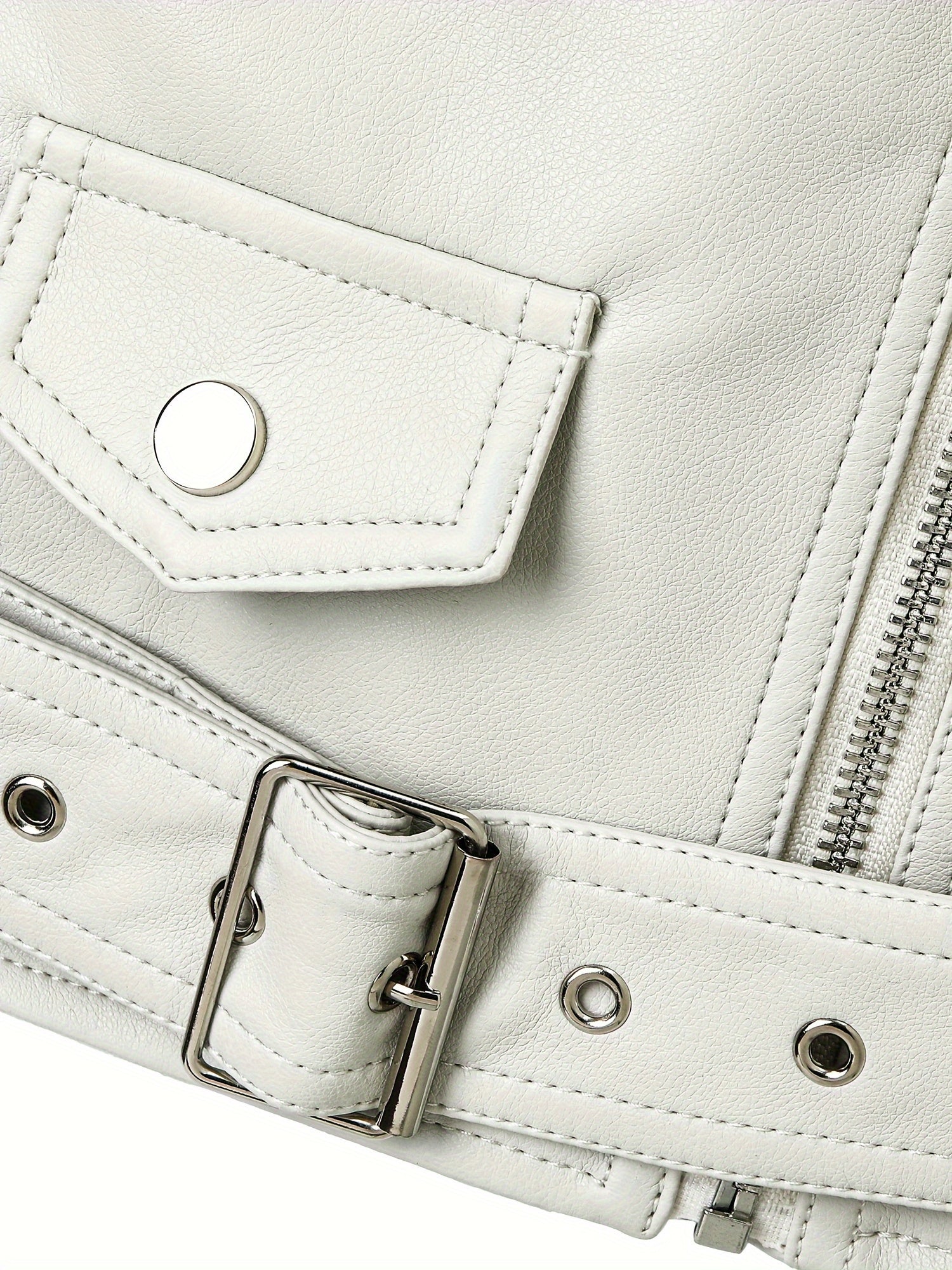 Women's Faux Leather Biker Jacket with Zip-Up Closure and Lapel Crop Design for Spring Fall