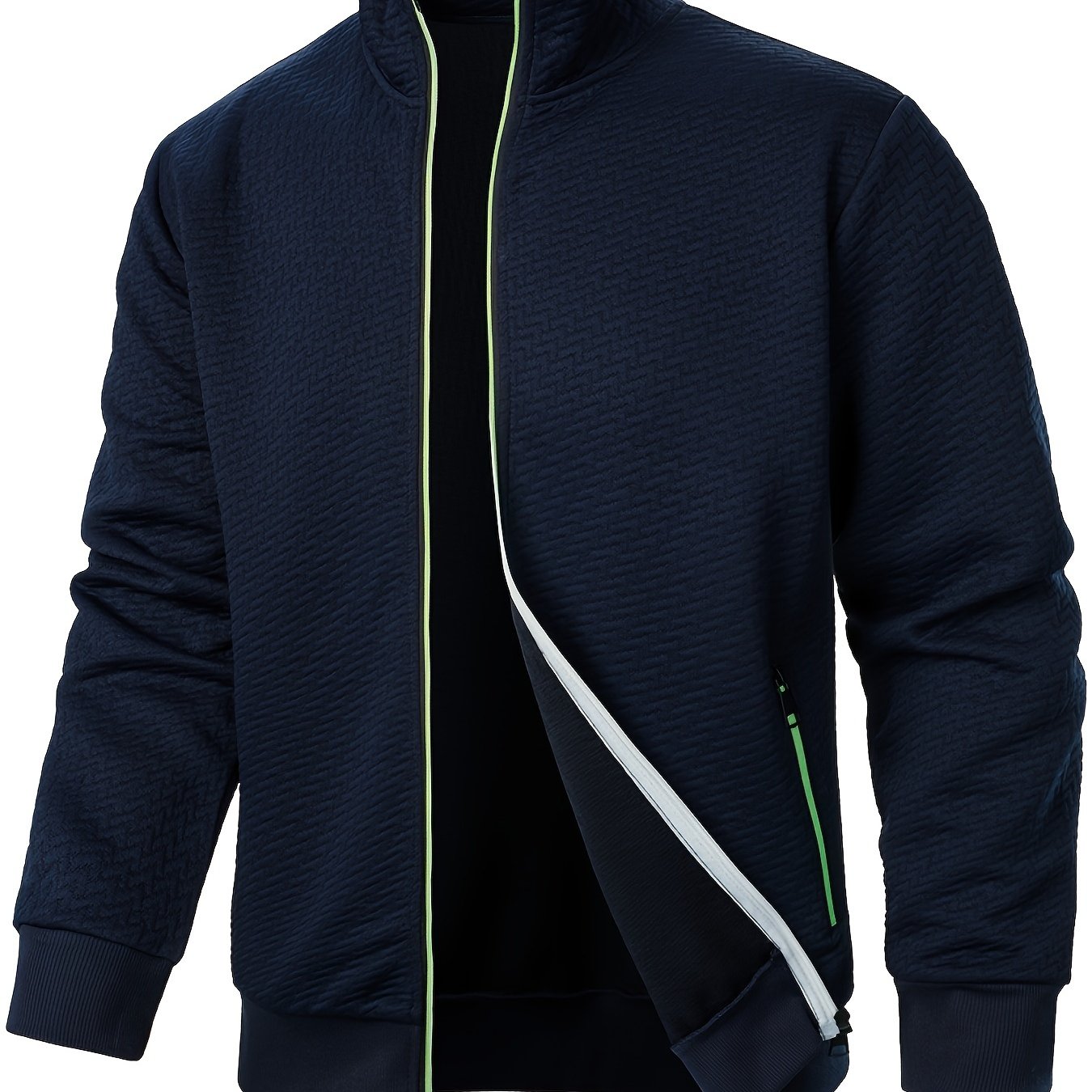 Men's Polyester Jacquard Zip Up Jacket with Stand Collar and Hoodie for Spring Fall Winter