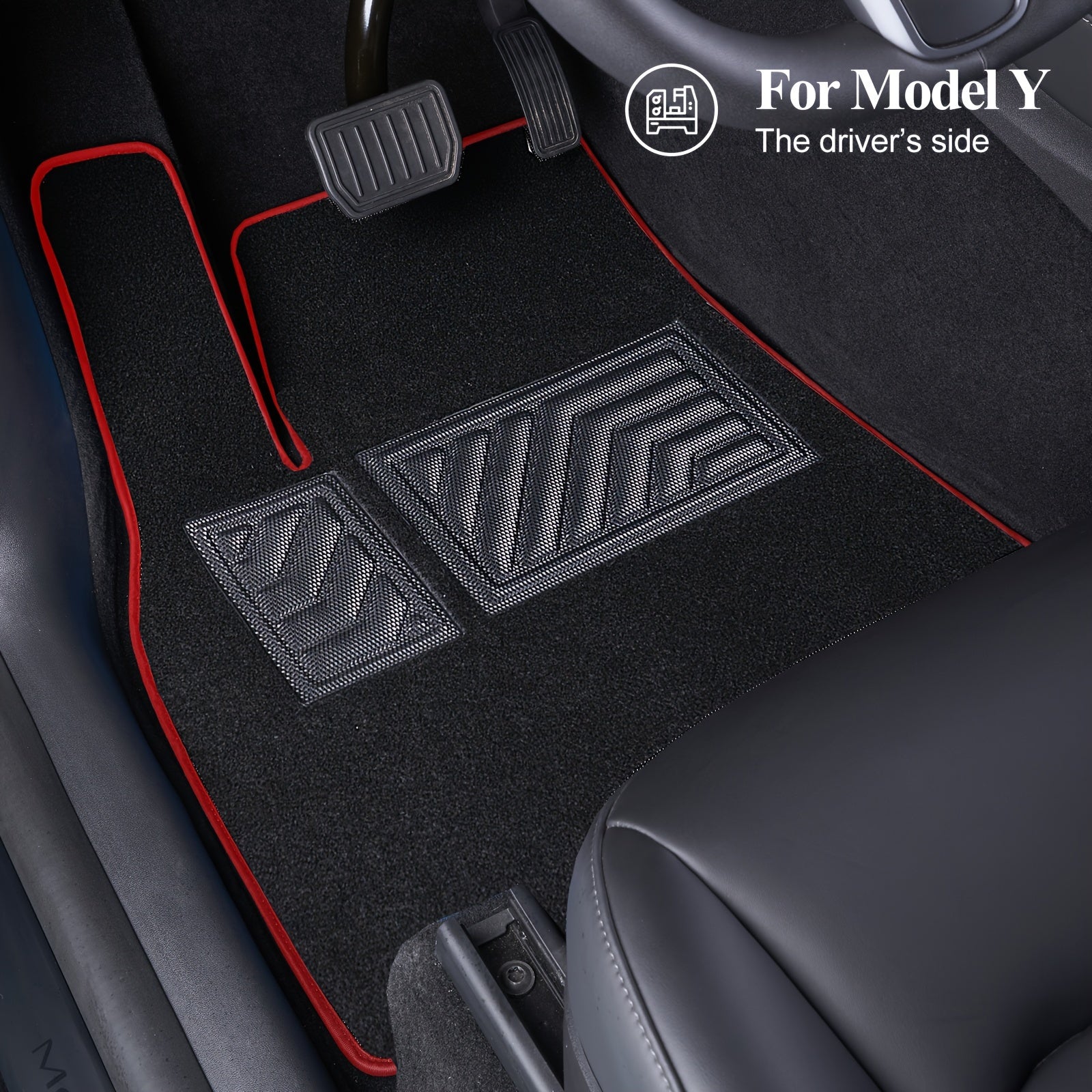 Custom All-Weather Carpet Floor Mats for Tesla Model Y Left Drive Red Edging