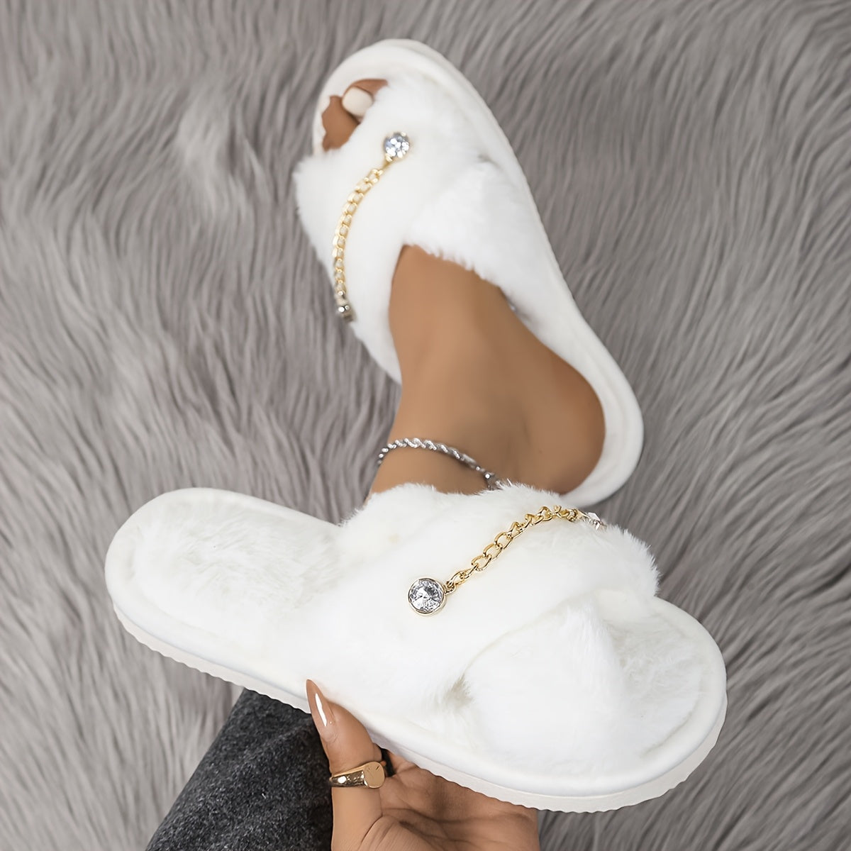 Women's Rhinestone Plush Slippers, Velvet Slip-Ons with Cross Toe, Indoor Non-Slip