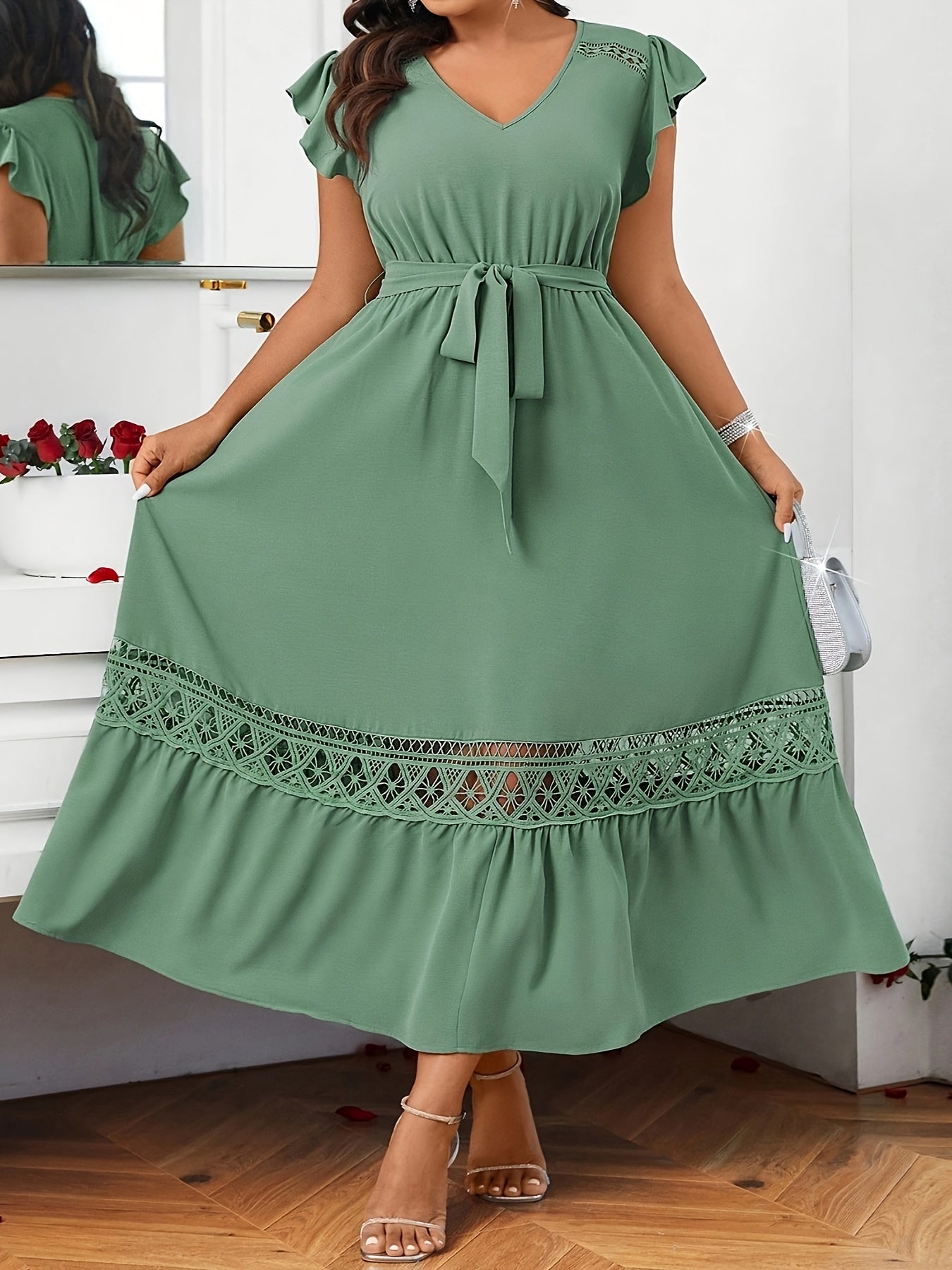 Women's Casual Midi Dress with Ruffle Sleeves and Belt in Solid Polyester