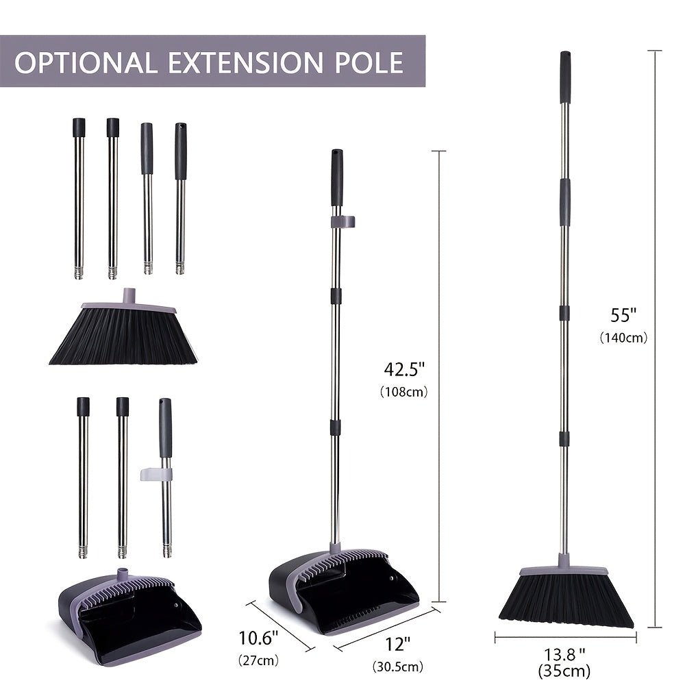 Set de escoba y recogedor autolimpiables con dientes, mango de 139,7cm, para interior y exterior, negro gris