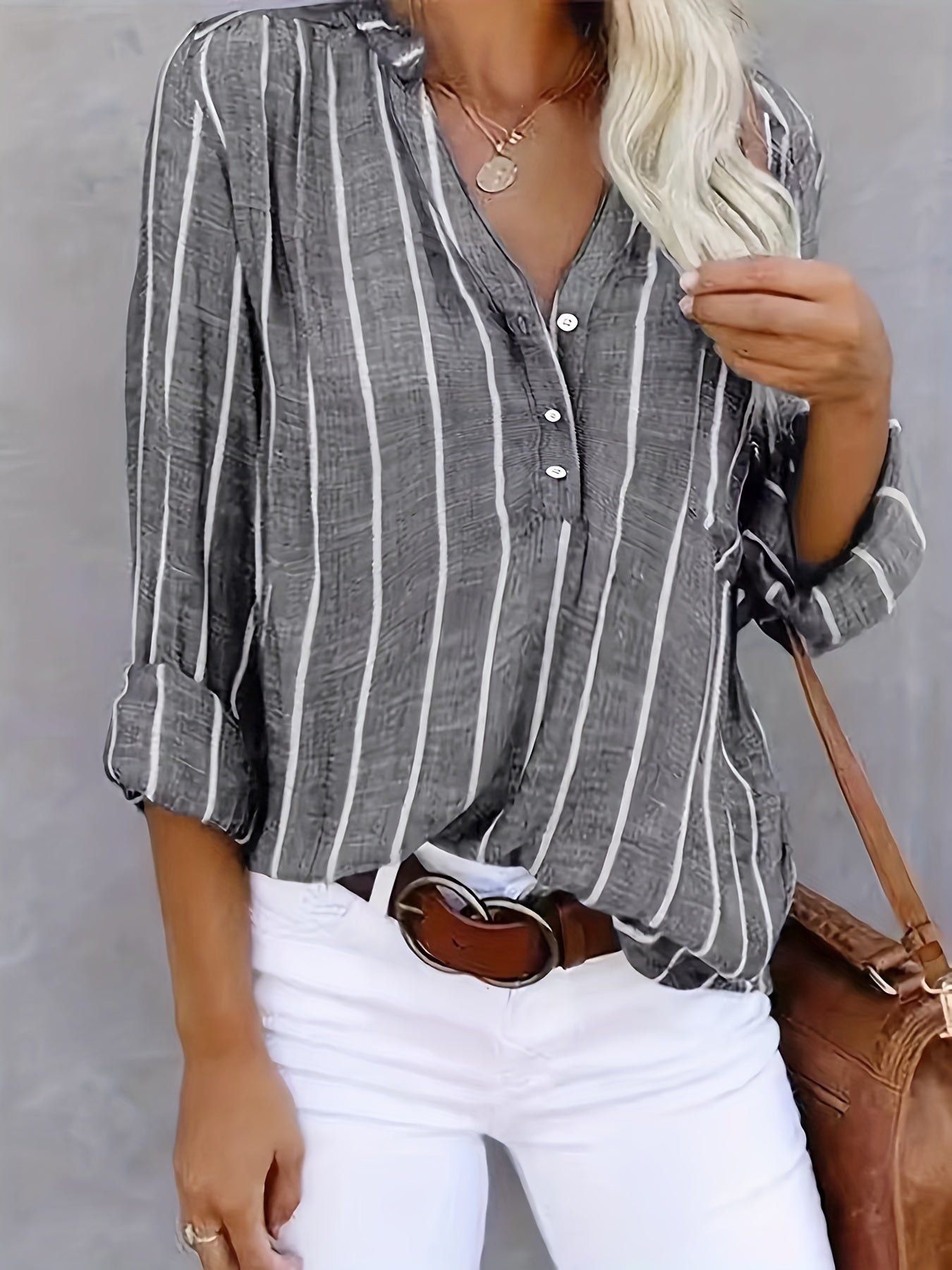 Plus Size Stripes Print Blouse V Neck Button Long Sleeve Pocket Casual Women