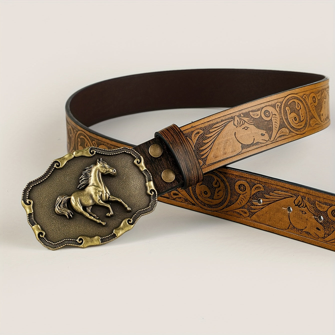 Western-Style Leather Belts for Men and Women Carved Buckle Embossed Solid Colors