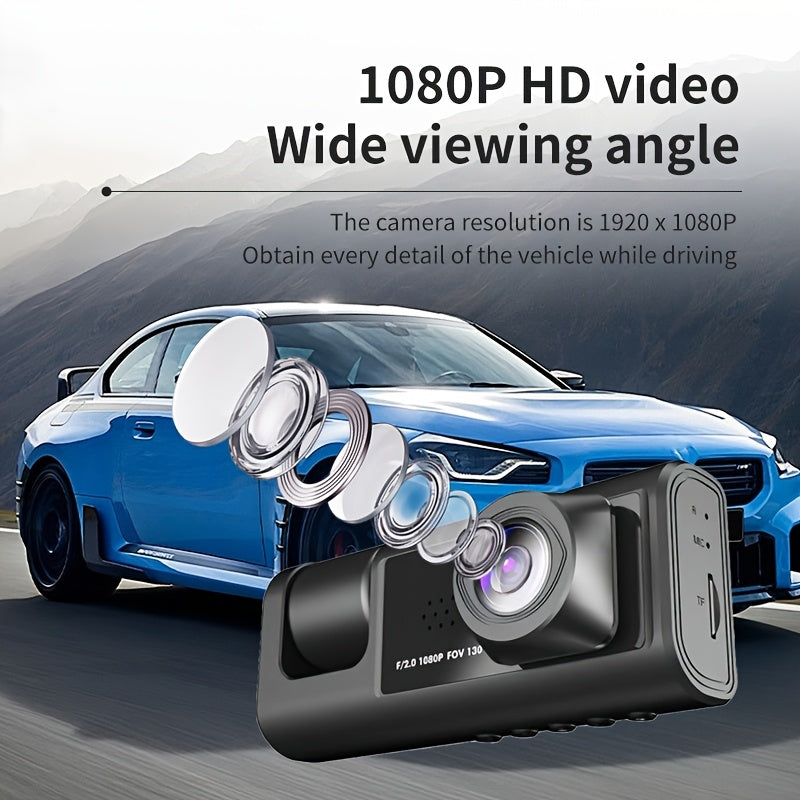 Car Dash Cam 1080P 3-Channel Night Vision Wide Angle Loop Recording Black