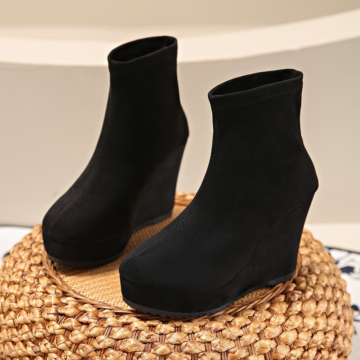 Women's Black Slip-On Wedge Boots with Thick Sole and Round Toe