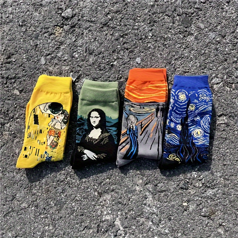 Men's Crew Socks 4-Pack Art Masterpiece Portrait Pattern Cotton Polyester