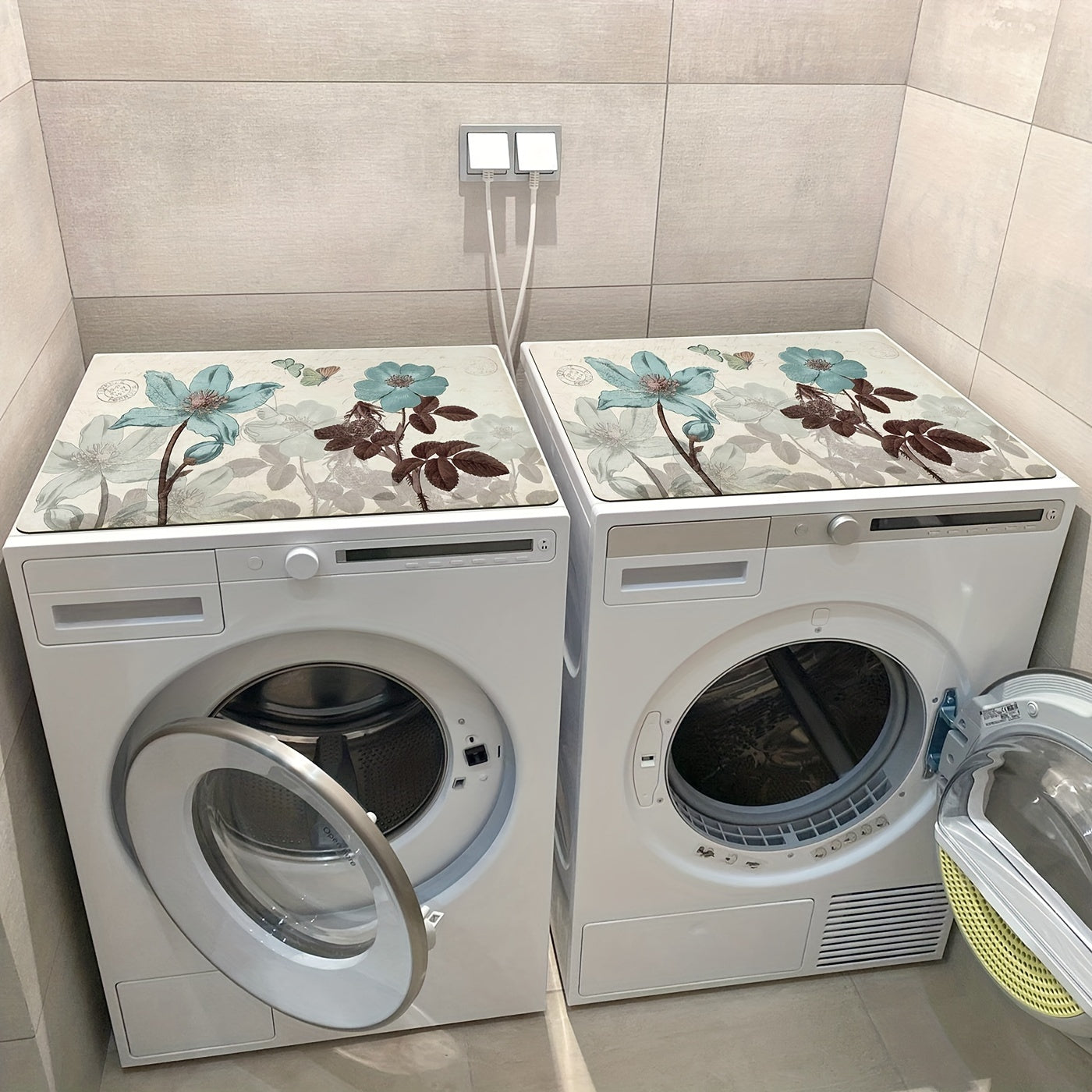 2 ta Vintage Qahva va Gul Printi Yuvish va Quruq Mashinalar Uchun Chang Qoplamalari - Mustahkam, Dog'ga Qarshi, Sirpanmaydigan Yostiqlar, Kir Yuvish Mashinalari Uchun Retro Uslubida