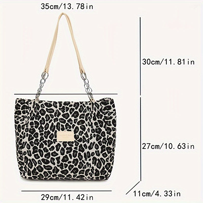 Women’s Corduroy Shoulder Bag with Leopard Print and Polyester Lining