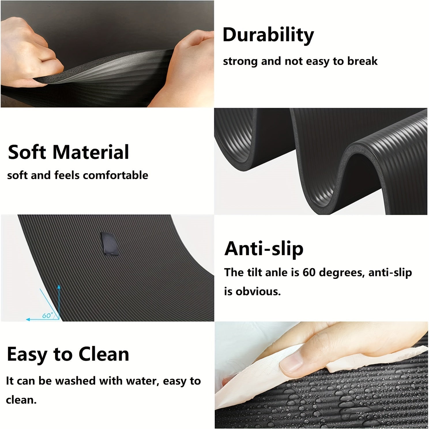 Thick Non-Slip Rubber Yoga Mat 182.88x60.96cm Solid Color with Carrying Strap