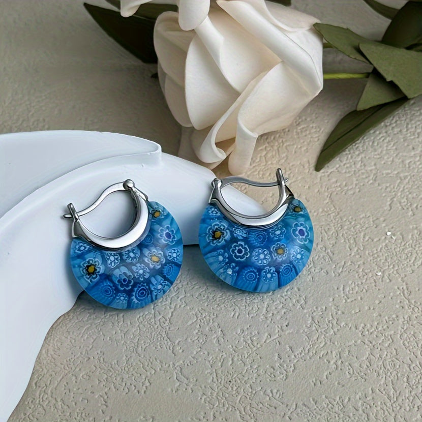 Handcrafted Boho Glass Mosaic Drop Dangle Earrings Stainless Steel Floral Design